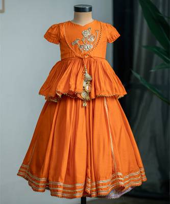 Orange embroidered dola silk kurti ghagra set 1