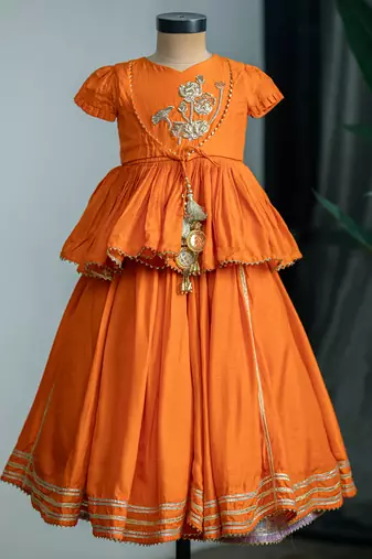 Orange embroidered dola silk kurti ghagra set