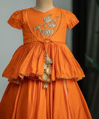 Orange embroidered dola silk kurti ghagra set 2