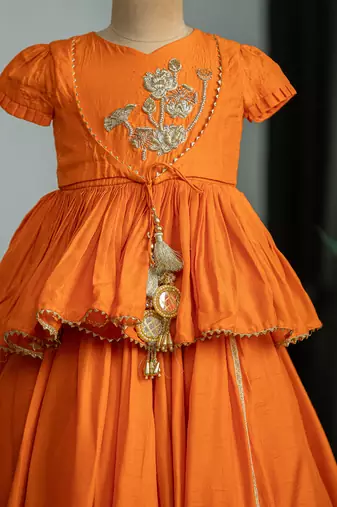 Orange embroidered dola silk kurti ghagra set