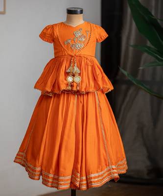 Orange embroidered dola silk kurti ghagra set 3