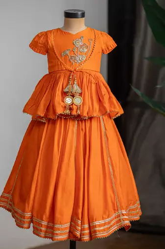 Orange embroidered dola silk kurti ghagra set