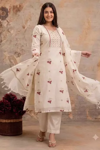 Off-white mul cotton silk BLEND  3pcs Unstitched dress material with red floral embroidery work .