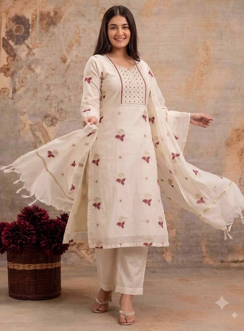 Off-white mul cotton silk BLEND  3pcs Unstitched dress material with red floral embroidery work .