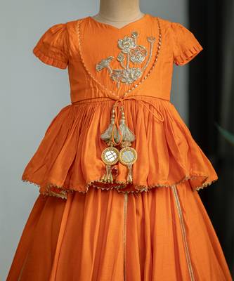 Orange embroidered dola silk kurti ghagra set 4
