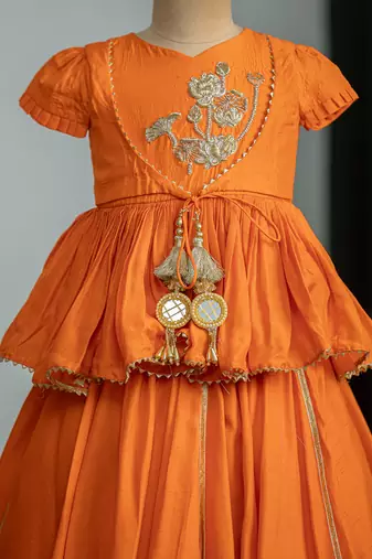 Orange embroidered dola silk kurti ghagra set