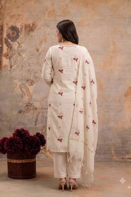 Off-white mul cotton silk BLEND  3pcs Unstitched dress material with red floral embroidery work . 2
