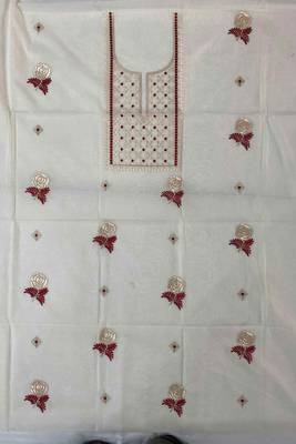 Off-white mul cotton silk BLEND  3pcs Unstitched dress material with red floral embroidery work . 3