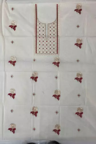 Off-white mul cotton silk BLEND  3pcs Unstitched dress material with red floral embroidery work .