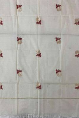 Off-white mul cotton silk BLEND  3pcs Unstitched dress material with red floral embroidery work . 4