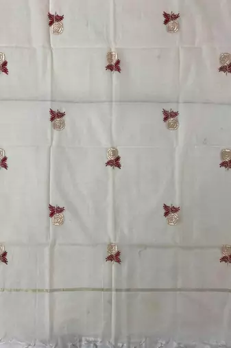 Off-white mul cotton silk BLEND  3pcs Unstitched dress material with red floral embroidery work .