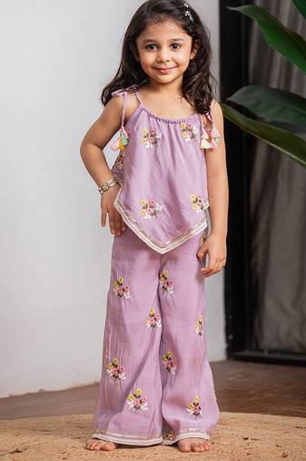 Purple embroidered pure chanderi co ord set