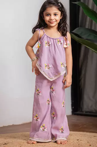 Purple embroidered pure chanderi co ord set