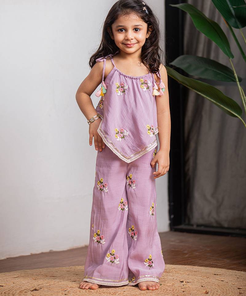Purple embroidered pure chanderi co ord set
