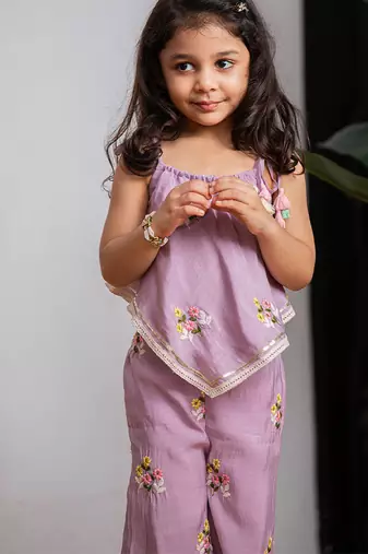 Purple embroidered pure chanderi co ord set