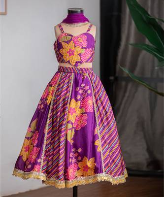Purple printed pure muslin silk lehenga set 1