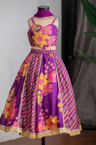 Purple printed pure muslin silk lehenga set