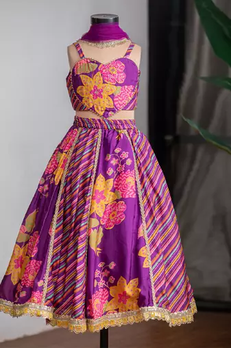 Purple printed pure muslin silk lehenga set