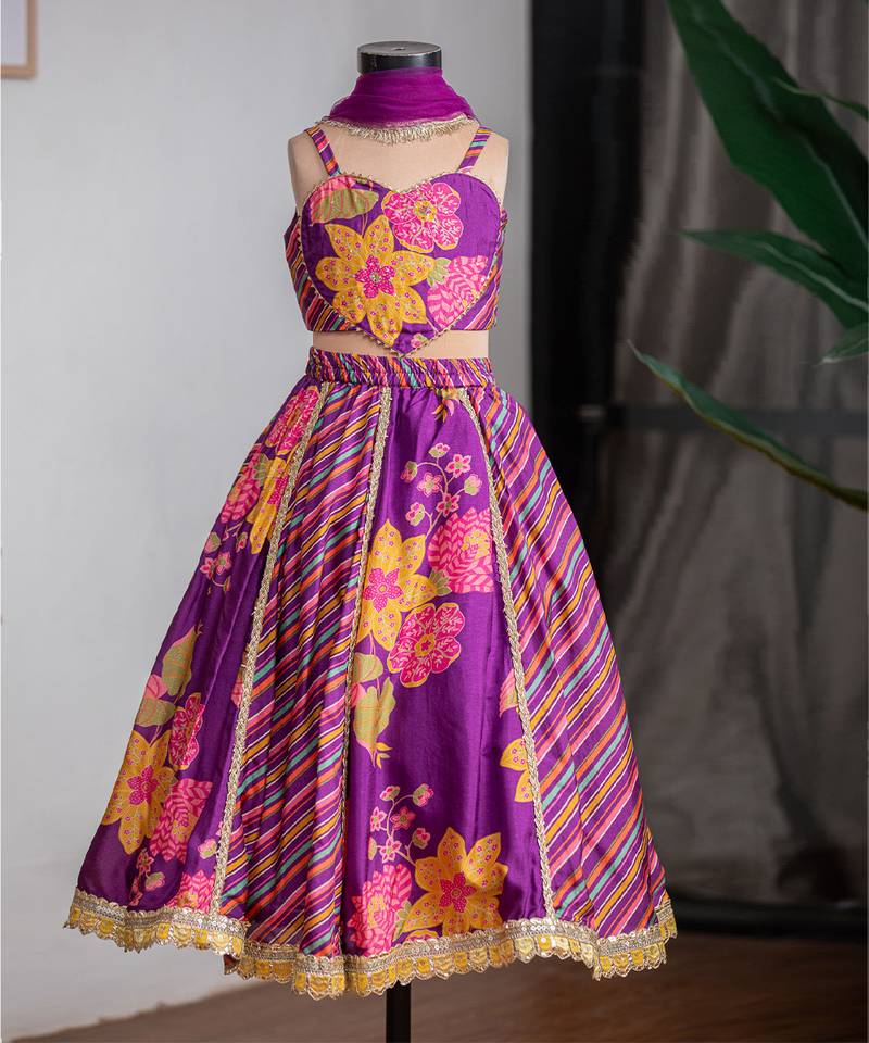 Purple printed pure muslin silk lehenga set