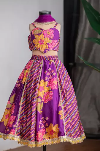 Purple printed pure muslin silk lehenga set
