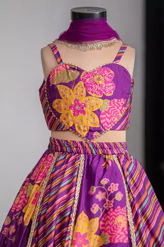 Purple printed pure muslin silk lehenga set