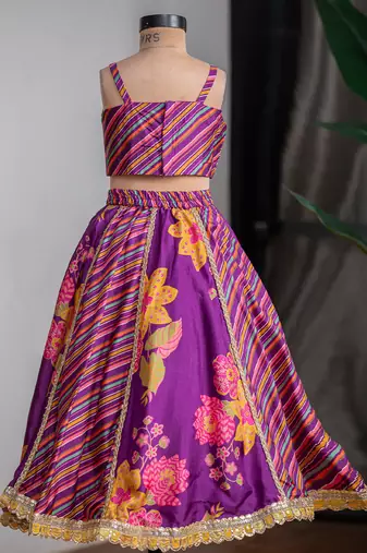 Purple printed pure muslin silk lehenga set