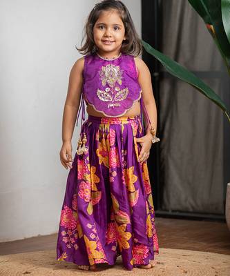 Purple printed pure muslin silk ghagra set 1