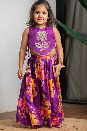 Purple printed pure muslin silk ghagra set
