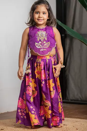 Purple printed pure muslin silk ghagra set