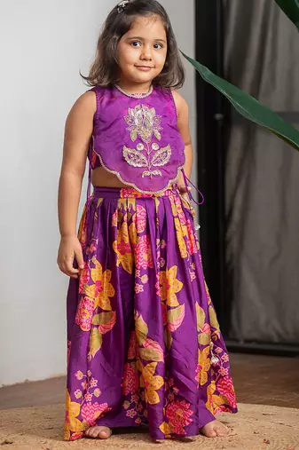 Purple printed pure muslin silk ghagra set