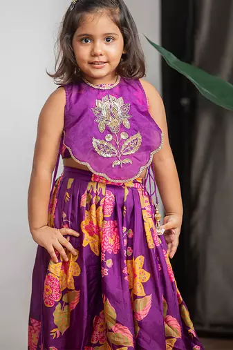 Purple printed pure muslin silk ghagra set