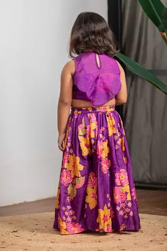 Purple printed pure muslin silk ghagra set