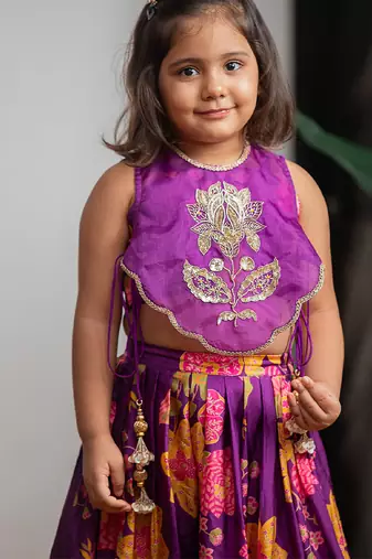 Purple printed pure muslin silk ghagra set