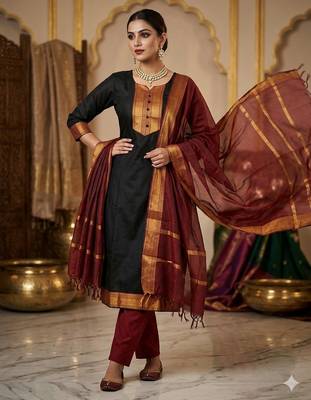 Black woven jaquard straight kurti dupatta with pant 1
