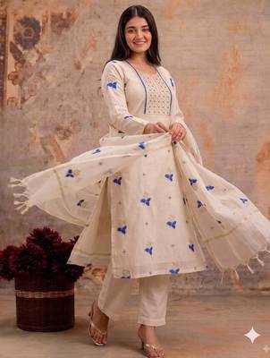 Off-white mul silk BLEND  3pcs Unstitched dress material with blue floral embroidery work . 1