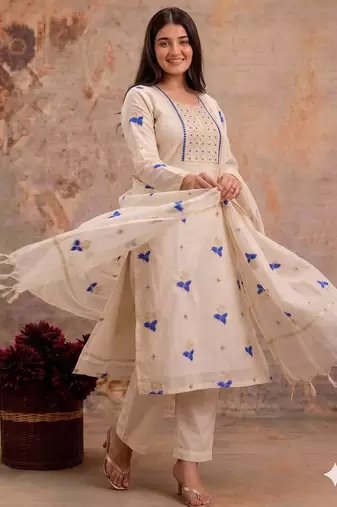 Off-white mul silk BLEND  3pcs Unstitched dress material with blue floral embroidery work .