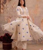 Off-white mul silk BLEND  3pcs Unstitched dress material with blue floral embroidery work .