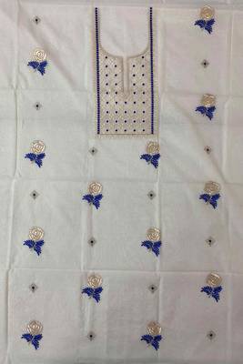 Off-white mul silk BLEND  3pcs Unstitched dress material with blue floral embroidery work . 3