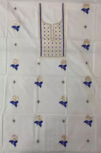 Off-white mul silk BLEND  3pcs Unstitched dress material with blue floral embroidery work .