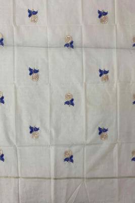 Off-white mul silk BLEND  3pcs Unstitched dress material with blue floral embroidery work . 4