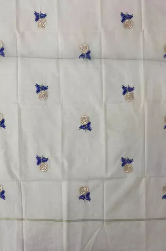 Off-white mul silk BLEND  3pcs Unstitched dress material with blue floral embroidery work .