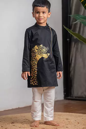 Black printed giza cotton kurta set