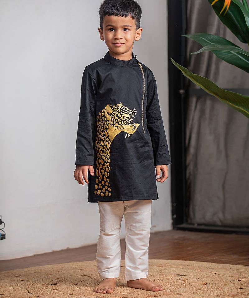 Black printed giza cotton kurta set