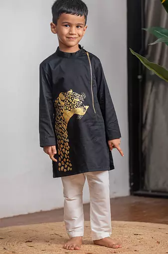 Black printed giza cotton kurta set