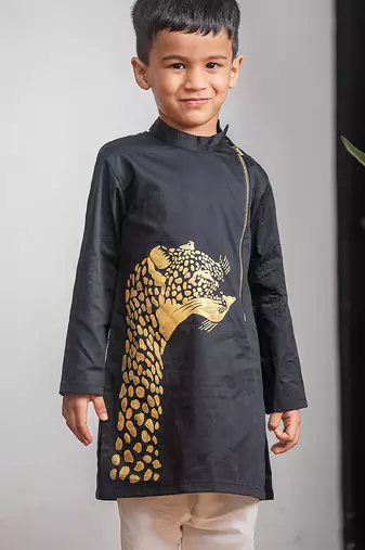 Black printed giza cotton kurta set