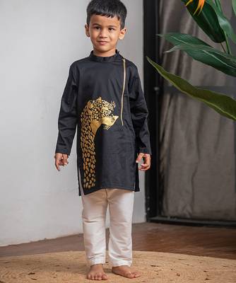 Black printed giza cotton kurta set 4