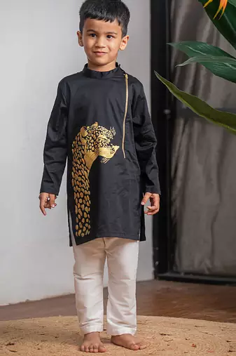 Black printed giza cotton kurta set