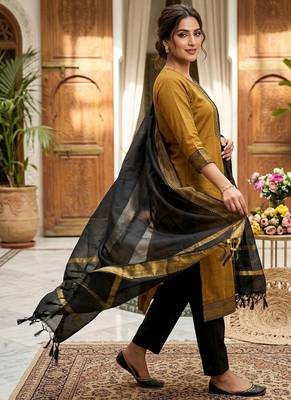 Mustard woven jacquard straight kurti dupatta with pant 2