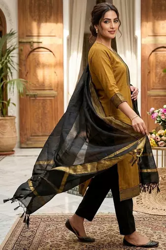 Mustard woven jacquard straight kurti dupatta with pant
