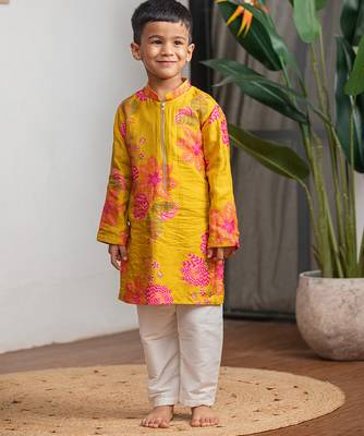 Mustard yellow printed pure muslin silk kurta set 1